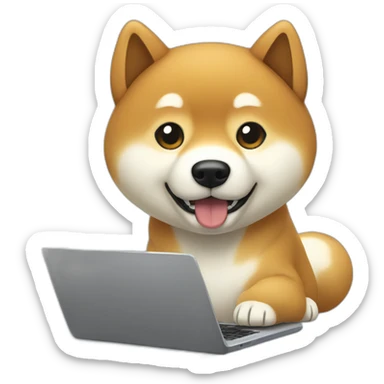 a shiba inu typing on a laptop sticker