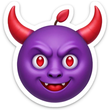 Purple demon emoji with red hearts for eyes, apple emoji, circular head with horns sticker