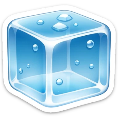 A single transparent ice cube with smooth rounded edges, highly detailed, crystal-clear with tiny air bubbles inside, glossy reflections, cool blue tones, soft shine on the surface, realistic lighting, floating on a clean blue background, ultra-high resolution, 3D look, sharp details sticker