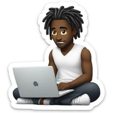 Black-guy-with-dreads-wearing-white-vest-sitting-down-on-floor-facing-foward-focused-on-laptop-computer sticker