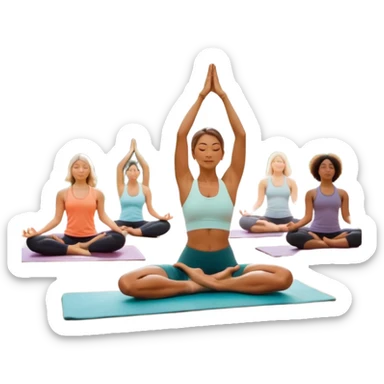 A person moves through a gentle yoga pose in the morning sun, one hand reaching up, the other near a plate of vibrant whole foods and a bottle of water. A cozy bed sits behind them, glowing softly. Nearby, a small group of friends laughs together under a tree—health, movement, nourishment, rest,  sticker