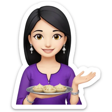 a pretty bratz girl with straight black hair, wearing a purple kurti, silver jhumkas, eyeliner, carrying a plate of momos. No necklace or bindi sticker
