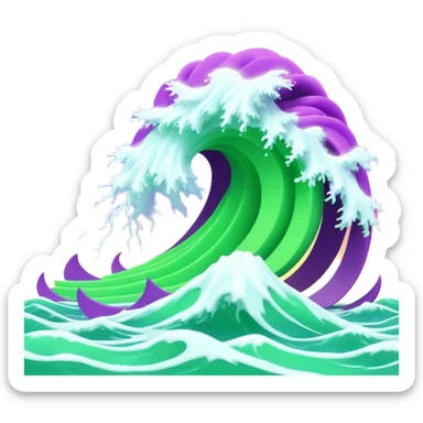3D render of Tsunami, miniature weather phenomenon, volumetric particle effects, wavy glowing neon green and purple ribbons in the sky, elemental energy, emoji style, isolated on white background --v 6.0. sticker