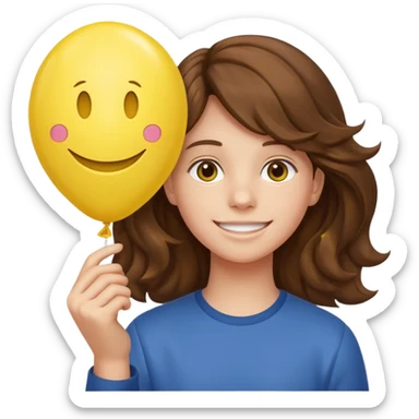 Teen wavy brown hair, with smiley-face balloon sticker