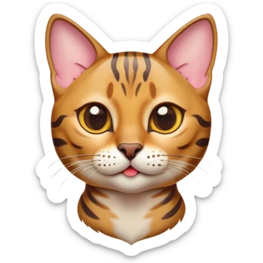 Cinematic Cute Bengal Cat Portrait Emoji, Playful and charming, sleek spotted brown and gold tones, Simplified yet adorable features, highly detailed, glowing with a warm, friendly glow, high shine, curious and affectionate, stylized with a touch of whimsy, head tilted in a playful and inquisitive manner, soft glowing outline, capturing the essence of a mischievous yet loving kitten, so endearing it feels like it could pounce out of the screen and play! sticker