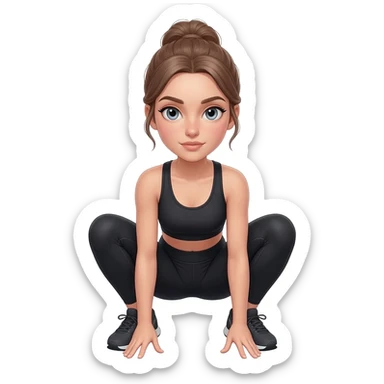 squat to reach, fair-skinned woman, light gray-blue eyes, ash brown brows, ash light brown hair tied back, slim athletic body, black workout set sticker