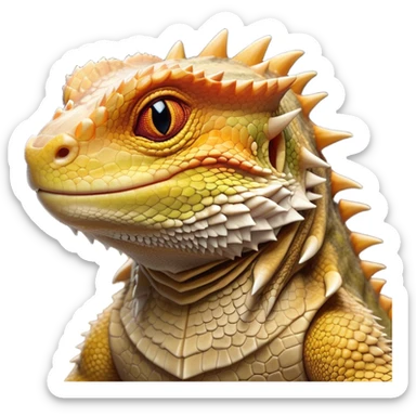 Cinematic Noble Bearded Dragon Portrait Emoji, Poised and regal, with a robust, angular build and a textured, scaled hide in earthy olive and sandy tones, a prominent spiky 'beard' beneath its chin and a keen, alert gaze, Simplified yet sharp and sophisticated features, highly detailed, glowing with a soft, dignified glow, high shine, intelligent and fierce, stylized with an air of desert majesty, focused and attentive, soft glowing outline, capturing the essence of a watchful and commanding reptile, so majestic it feels as though it could scuttle out of the screen with effortless authority! sticker