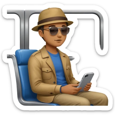 Man sitting on a subway seat, side view, passenger sticker