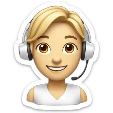 friendly virtual assistant with a smiling  holding a digital tablet or stylus and wearing headset sticker