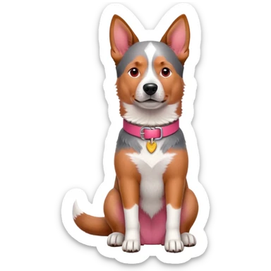 3D style Australian cattle dog with red coat sitting upright, facing forward, wearing a pink collar sticker