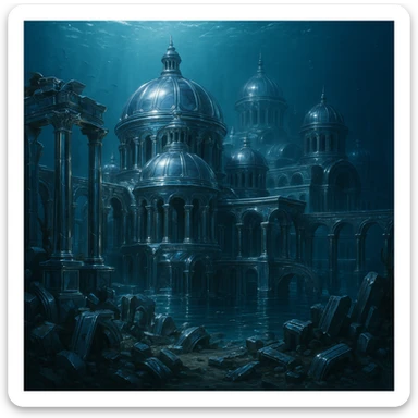 chrome style Atlantis, shiny metallic ruins and domes, underwater sticker