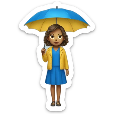 a girl in a yellow dress with a blue umbrella sticker