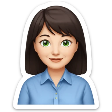 60 yr old woman, green eyes, long straight dark brown hair, business shirt, chubby, bangs sticker