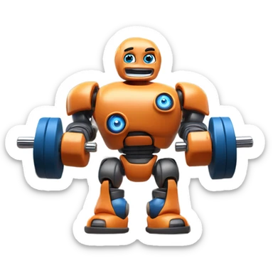 A Disney Pixar-style 3D render of a bodybuilder robot's face with blue eyes in a gym. show only the face and torso. The robot is wearing an orange tank top, holding a dumbbell, and has a confident, friendly expression sticker