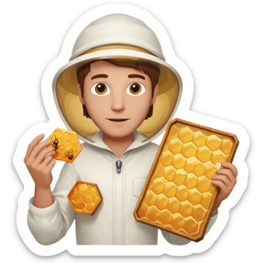 male bee keeper with brown hair, white outfit,  sticker
