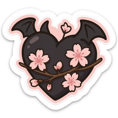 goth sakura heart, black heart with sakura branch and blossoms, pink highlights, playful and sweet sticker