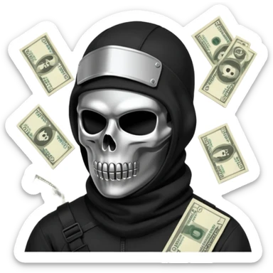 3D isometric icon, black tactical balaclava over a chrome skull, pile of abstract money, brutalist aesthetic, black background. sticker