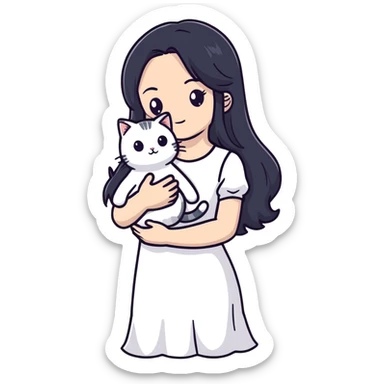 beautiful girl with long black hair wearing a white dress holding a cat in her arms sticker