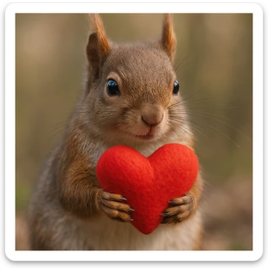 a realistic squirrel holding a heart sticker