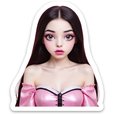 girl with white skin, dark brown long straight hair with middle part falling in front of her body, very big pouty extra shiny lips with absolutely no cupid's bow, big round shiny eyes with black eyeballs and huge eyelashes, lighter button nose, very long oval-shaped face, wearing a pink off-shoulder top, looking directly at camera with hands down at sides sticker