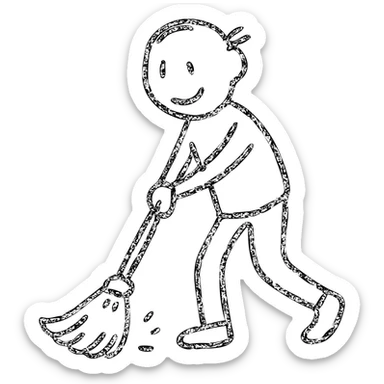 hand-drawn outline of a person sweeping with a broom, simple and playful sticker