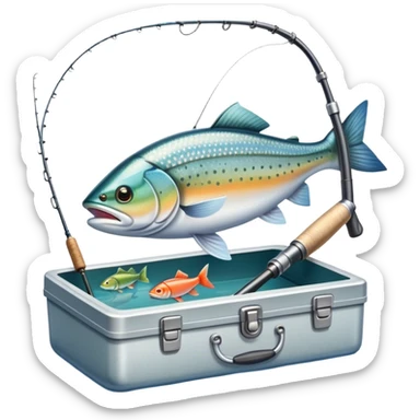 Icon for Fishing: a fishing rod with a line in the water, a tackle box, a fish on the hook, and a peaceful lake or river background. The icon should capture the calm and skill of fishing. Transparent background. sticker