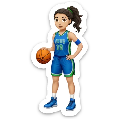 full body plus size light skin latino women basketball player with wavy dark hair in pony tail wide nose wearing blue uniform with green accent sticker