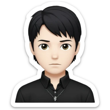 White male, black anime hair, black hunter eyes, black shirt sticker