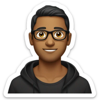 Indian brown boy with dimples wearing black hoodie and black glasses trying to grow beard sticker