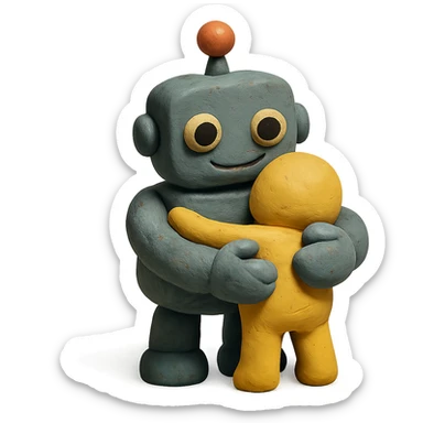 claymation style of a robot giving a warm hug sticker