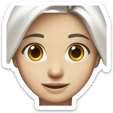 A woman with long dark hair, hazel eyes, and white skin. Her smiing and with a white shirt sticker