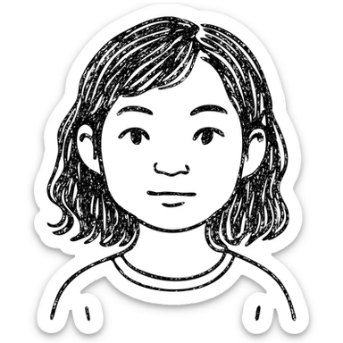 portrait of an Asian girl with medium brown wavy hair and brown eyes, paler skin tone, hand drawn outlined style sticker