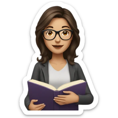 woman with glasses and medium length brunette hair halding a book sticker