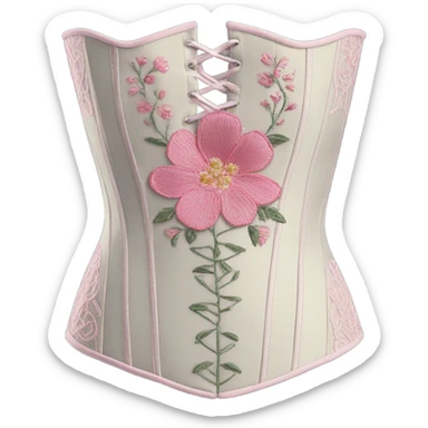 Sage corset with pink flower embroidery, isolated sticker