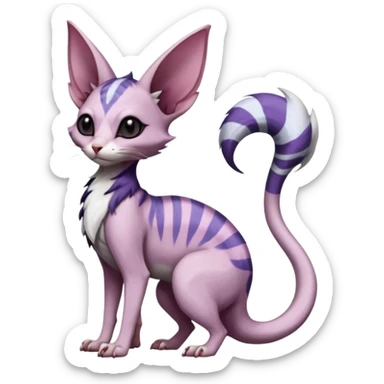 scaly, Purple, white, black, Minccino-Sphynx-Lykoi-Linoone-Zangoose-fusion-hybrid-animal-Fakémon-creature, full body, thin long sleek scaly tail, intricate markings sticker