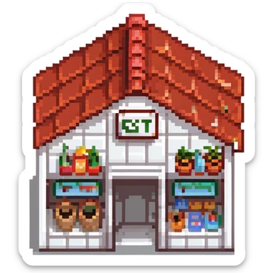 isometric supermarket building with red tiled roof, store entrance, and small parking area sticker