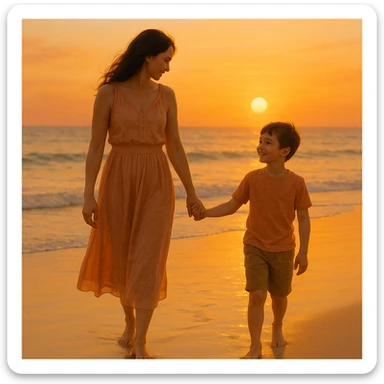 A mother and son walking hand in hand at the beach during sunset, warm colors, peaceful atmosphere sticker