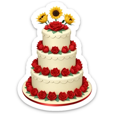 A large three teir cake with first mayer decorated with roses, second with Sunflowers and third with Tulips and Happy Birthday Dear written on top. sticker