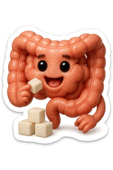 emoji stile iphone di un intestino anatomico che mangia zollette di zucchero, iperrealistico 4k, isolato su sfondo bianco sticker