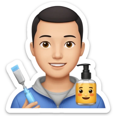 try different skincare products for chinese man with buzz cut (short black hair) doing skincare sticker