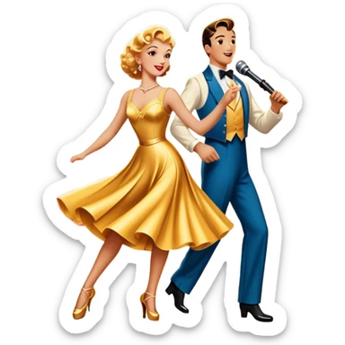 Vintage movie poster-style icon for a musical film. The cityscape glows in the background, evoking the golden era of musicals. A vibrant street scene with bright lights, dancers mid-step, a singer with a microphone. Transparent background. sticker