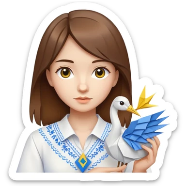 Ukrainian young girl with brown hair wearing a white embroidered shirt holds an origami yellow-blue crane sticker