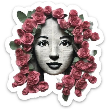 Person face portrait made entirely of newspaper cuttings and roses sticker