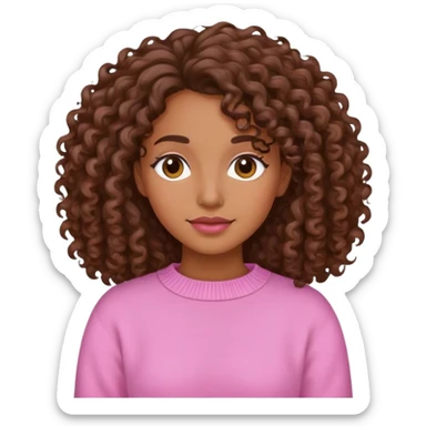 Femme Brune avec des cheveux bouclés brun mi-long avec un pull rose sticker