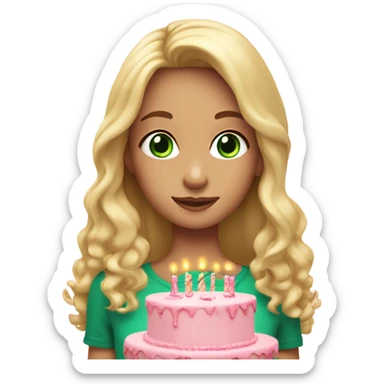 Blonde girl with long hair, green eyes in hands a pink Birthday cake sticker
