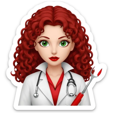 Lilith symbol seductress evil woman. She has green eyes.  had brown long curly hair.  evil surgeon kills with scalpel wears red sexy doctor coat with red mouth cover sticker