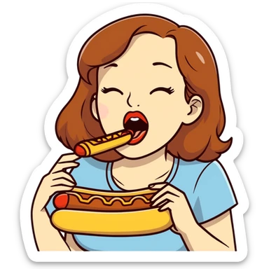 Caucasian woman with brown hair big boobs licking a hotdog sticker