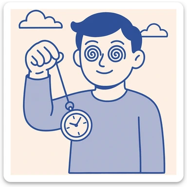 cartoon person with hypnotic spiral eyes holding a swinging pocket watch, clear expressive style sticker
