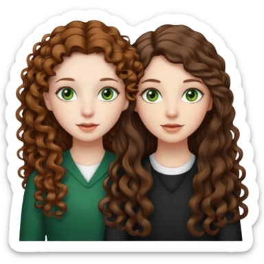 Two sisters, one have curly long brown hair, green eyes and pale skin. The other sister one have straight long brown hair, brown eyes and olive skin sticker