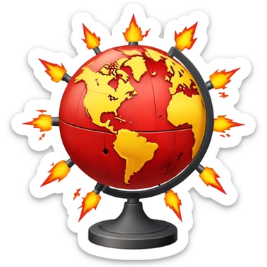 globe with explosion symbols and warning signs representing global conflict sticker